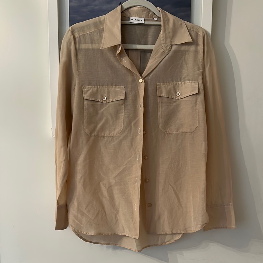 MARELLA Tan Button Down Blouse with Notched Collar
